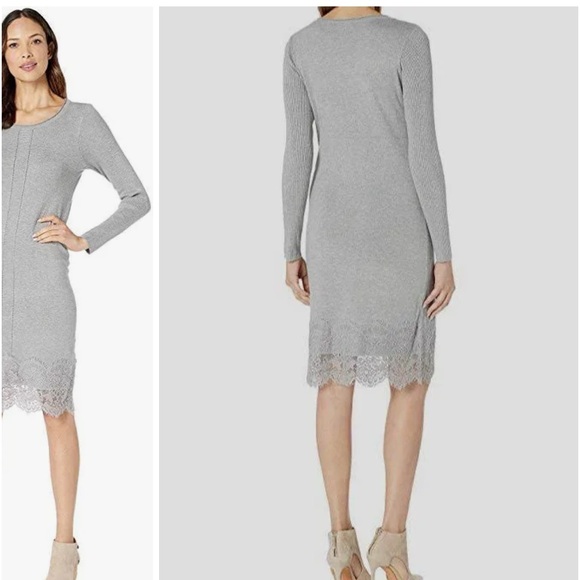 NWT🍀Tribal Women's Gray Long Sleeve Mock Neck Lace-Overlay Sweater Dress Size S - Picture 3 of 13